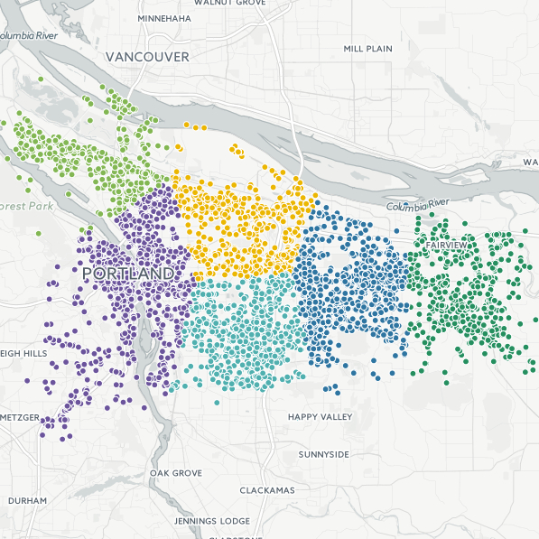 Picture of clusters of home locations in Portland, Oregon