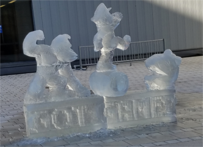 Picture of ice sculpture of Donkey Kong, Mario, and Pacman